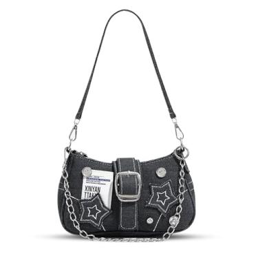 Imagem de Bolsa jeans nas axilas, bolsa de ombro vintage caubói grande capacidade para mulheres ocasiões importantes, trabalho, viagens (preto), Preto, One Size