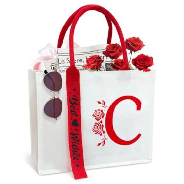 Imagem de OECTVD Sacola de lona com fita inicial personalizada, presente para sua esposa, mãe, amiga, aniversários, casamentos, C, 13.7 x 11.8 x 4.7 inch