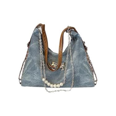 Imagem de SweatyRocks Bolsa de ombro feminina com laço e contas jeans Y2K com alça superior, Azul, One Size