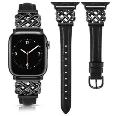 Imagem de Pulseira de relógio TOYOUTHS em couro para Apple 38/40/41/42 mm preta