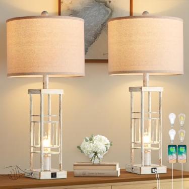 Imagem de Reaketon Conjunto De 2 Abajures De Mesa De 27,6" Para Sala De Estar Com Usb C+A E Lâmpadas, Abajures De Fazenda Com 3 Vias Reguláveis, Abajur Rústico Para Mesas De Canto, Abajures Industriais Para
