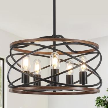Imagem de KLJCJF Lustre Industrial Estilo Fazenda De 19,7'' Para Sala De Jantar - Lustre De Tambor Com Textura De Madeira E Metal Rústico Preto E Marrom De 5 Luzes, Luminária Pendente Para Entrada, Cozinha, H