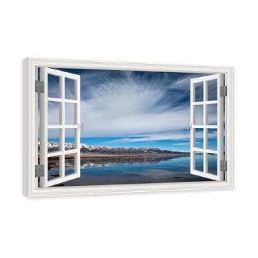 Imagem de PY3H69 Arte de parede em tela de janela aberta, impressão natural em tela. Lindo cenário de montanha 40,6 cm, decoração de parede de paisagem de janela, decoração de casa moderna. Moldura interna de
