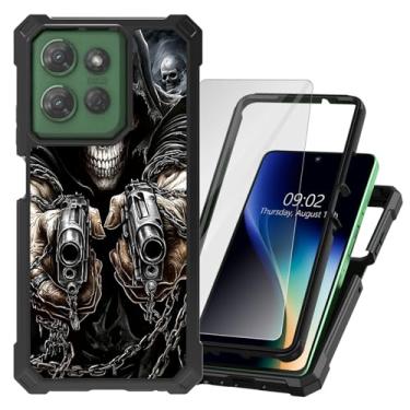Imagem de DHYYDSQZ Capa para celular Motorola Moto G 5G 2025 com protetor de tela de vidro temperado, camada dupla, caveira, cara, armas rígidas, policarbonato macio, TPU macio, à prova de choque, capa