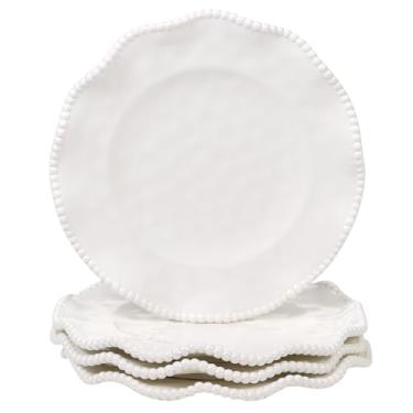 Imagem de Pratos de jantar Perlette Cream melamina – Conjunto de 4, design elegante com contas de 28 cm, inquebrável e pesado – uso interno e externo, perfeito para jantar, churrascos, piqueniques, casamentos e