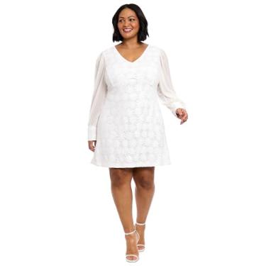 Imagem de London Times Vestido feminino manga bispo cintura império mini decote em V - ocasião especial festa formal vestido coquetel, Branco/branco fosco/branco, 25 Plus Size