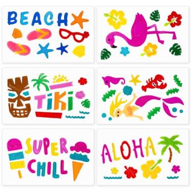 Imagem de 6 folhas de adesivos de janela de verão, decorações de festa Aloha Luau Havaí Tiki Bar, sorvete de praia, sereia, gel para janela, para férias, piscina, festa, escola, escritório