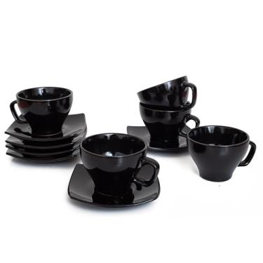 Imagem de Conjunto feito à mão de 6 xícaras de chá de cerâmica 150 ml com pires porcelana café da manhã canecas de café da manhã esmalte preto - Cortado Cappuccino Espresso Kulhad Chai Micro-ondas e lava-louças
