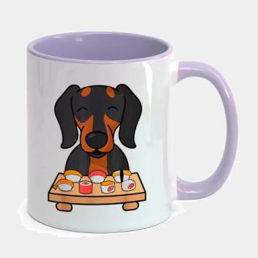 Imagem de Caneca Porcelana Branca Alça e Interior Roxa 325ml - Dachshund Cachorro Sushi Feliz