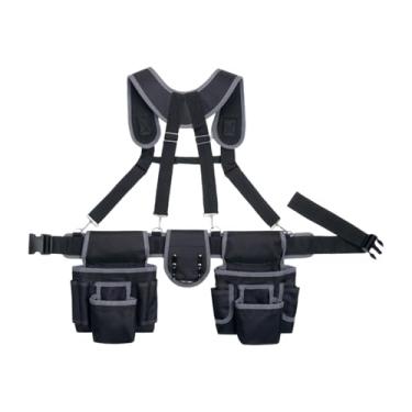 Imagem de Baoblaze Cinto de ferramentas com suspensórios, bolsa de ferramentas ajustável, bolsa respirável com vários bolsos para construtores e marcenaria, Preto Cinza
