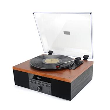 Imagem de AKAI - Tocadiscos Bluetooth, Gira-discos de vinil vintage 33/45/78 RPM, altifalantes estéreo incorporados, leitor de CD, rádio FM, USB, entrada AUX, madeira natural, preto