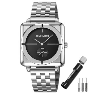 Imagem de SKMEI Relógios quadrados para homens, simples, negócios, aço inoxidável, moderno, analógico, quartzo, presente para pais, pai, dourado, preto, G2413prata-preto