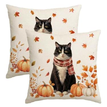 Imagem de NUTEEN Capas de travesseiro de outono 45,7 x 45,7 cm, conjunto de 2 travesseiros de smoking para gatos, abóboras decorativas, capas de outono para decoração de sofá de Ação de Graças para decoração de
