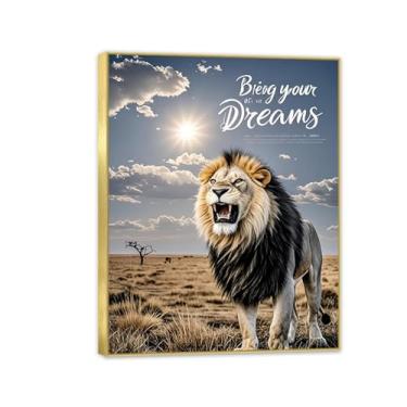 Imagem de Tela inspiradora arte de parede animal pôster motivacional leão feroz na savana africana ensolarada presentes de encorajamento inspirador para homens imagem de afirmações positivas 50 x 40 cm (20 x 16