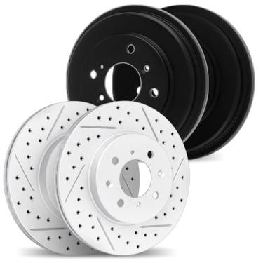 Imagem de Dynamic Friction Company Freios e rotores dianteiros e traseiros | Tambores incluídos| Rotores de freio com fenda perfurada| Rotores de freio a disco | Serve para Dodge Verna 2004-2006; Hyundai Accent