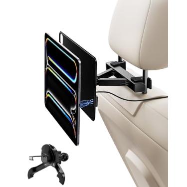 Imagem de KU XIU Suporte magnético sem fio para encosto de cabeça de carro para iPad Pro 33.0 cm M4 (2024) apenas, suporte ajustável para tablet carro para assento traseiro, essenciais para viagens de carro