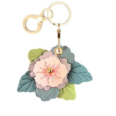 Imagem de Estojo de couro compatível com AirTag, capa protetora fofa com chaveiro, rastreador GPS antiarranhões para chaves, bolsa, animais de estimação (flor de begônia C)