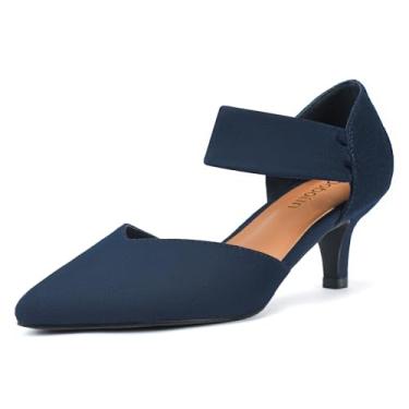 Imagem de DOBOLIN Salto gatinho feminino fechado bico fino sapato social casual salto baixo sapatos sem cadarço noiva casamento igreja, Azul marino, 39