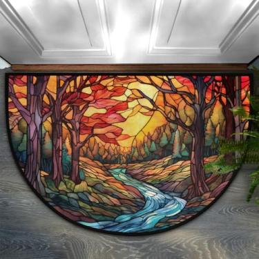Imagem de Capacho para ambientes externos outono outono floresta pintura de vidro tapete de porta meio redondo, tapete de entrada antiderrapante absorvente, tapete de decoração de varanda de baixo perfil
