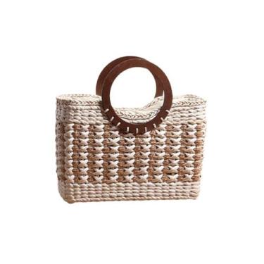 Imagem de SHAREYOIU Bolsa de palha listrada retrô sacola de tecido de grande capacidade feminina com alça superior, Bege