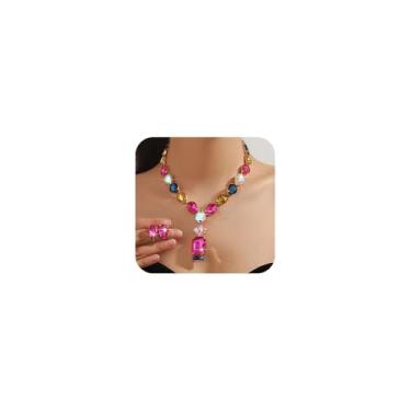 Imagem de Missgrace Conjunto de brincos femininos prata verde colorido strass cristal nupcial Y colar longo conjunto de brincos simples para casamento noivas dama de honra, Large, Strass, Sem Pedra Preciosa