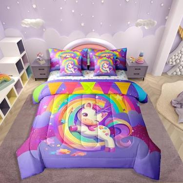 Imagem de Erosebridal Jogo de cama de solteiro com letra C com letra C, com estampa kawaii, arco-íris, unicórnio, monograma, para crianças, meninos e meninas, conjunto de lençol com edredom