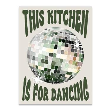 Imagem de This Kitchen Is For Dancing Poster Moderno Verde Bola de Discoteca Arte de Parede Vintage Cozinha Restaurante Impressões em Tela Funky Bar Carrinho Decoração de Parede 30 x 40 cm Sem Moldura