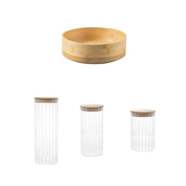 Imagem de Kit Organizador Giratório de Bambu com 3 Potes de Vidro com Tampa Hermética