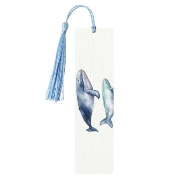 Imagem de Marcador de livro de madeira de baleia jubarte azul para homens e mulheres lendo marcadores de livro de madeira exclusivos feitos à mão com pingente de borla, marcador de livro para amantes de livros