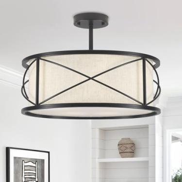 Imagem de Luupyia Luz de teto de tambor de 43 cm com sombra de metal e tecido, 4 luzes de tecido grande, lustre de tambor, luminária de teto de tambor ajustável de altura para quarto, sala de jantar E26