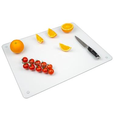 Imagem de Tábua de corte de vidro temperado para cozinha, tábua de corte transparente de 40,6 x 50,8 cm com pés antiderrapantes para bancada, lavável na lava-louças, placa de canto arredondada, resistente ao