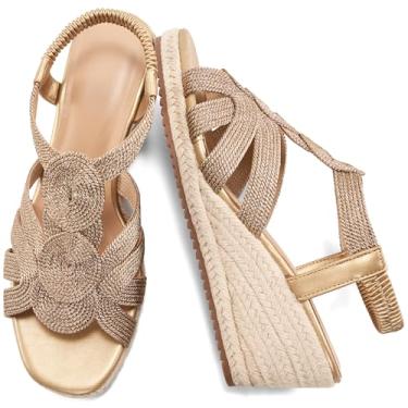 Imagem de HARENCE Sandálias de cunha para mulheres alpargatas: plataforma confortável com tira elástica no tornozelo, salto cunha, elegante, bico aberto, sapatos de casamento de verão, Champanhe, 38