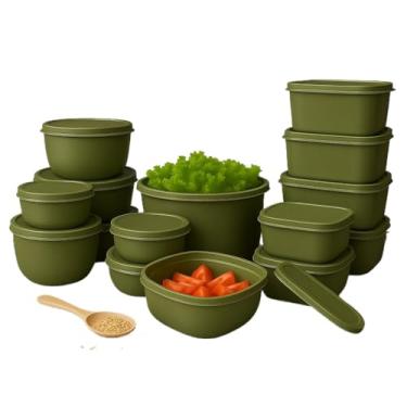 Imagem de Kit 15 Potes Plásticos Verde Oliva com Tampa Hermética | BPA Free | Empilháveis | Para Alimentos, Marmitas, Freezer