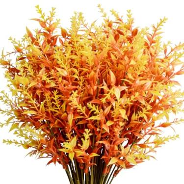 Imagem de 12 pacotes de flores artificiais ao ar livre, lavanda, arbustos, arbustos artificiais, vegetação, plástico, resistente a UV, lavanda sintética, rosa arroxeado (laranja outono)