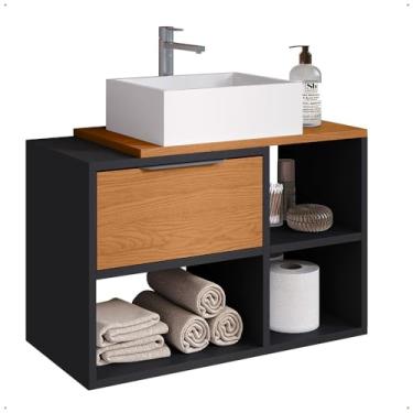 Imagem de Gabinete Suspenso Para Banheiro Com 1 Porta Basculante e Nichos (Preto/Nature)