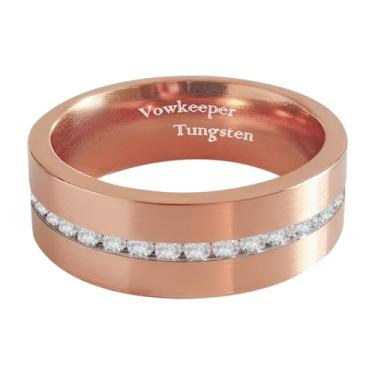 Imagem de VowKeeper Anel de casamento masculino 8 mm aço inoxidável 316L banhado a ouro com meio círculo zircônia branca alto polimento confortável aliança para ele, Metal, Sem pedra preciosa