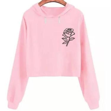 Imagem de Cropped Feminino Com Capuz Moletom Desenho de Rosa - Trajano store, Ro
