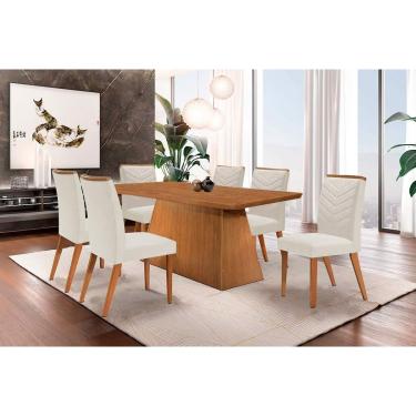 Imagem de Sala de Jantar Completa Luna c/ Tampo Madeirado Canto Curvo 180x90cm e 6 cadeiras Londrina Imbuia-Capuccino/Suede Creme - Rufato