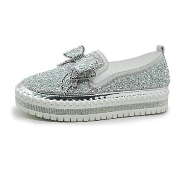 Imagem de N/AB Tênis Plataforma Feminino Casual, Plataforma, Strass, Glitter, Slip-On, Fofo, Laço, Mocassim Baixo, Sapatos Sociais, Prata, 37, 6,5
