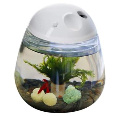 Imagem de Saim Tanque de peixe pequeno de plástico com tampa, tigela redonda de peixe e iluminação LED para decoração de escritório em casa com peixe Betta (com padrão de carregador)