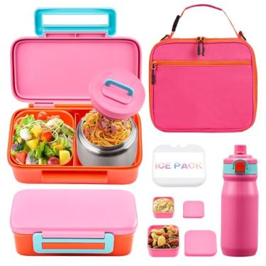 Imagem de MAISON HUIS Bento Box para crianças com garrafa térmica de sopa de 227 g, lancheira isolada e garrafa de água de 500 ml, caixa bento de 2 compartimentos com pacote de gelo embutido, à prova de