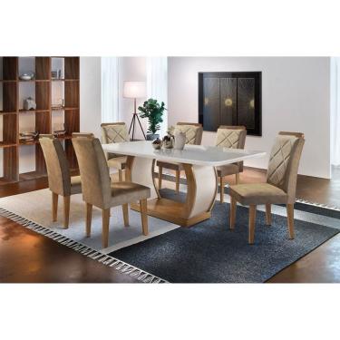 Imagem de Sala de Jantar Completa Jade Tampo Madeirado c/ Vidro Canto Curvo 180x90cm e 6 Cadeiras Melissa Capuccino/Suede Capuccino - Rufato