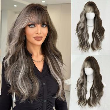 Imagem de 7JHH WIGS Perucas de 71 cm marrom natural longo ondulado franja cinza destaque natural marrom claro destaque fibra sintética resistente ao calor perucas femininas ombré ondulado encaracolado para