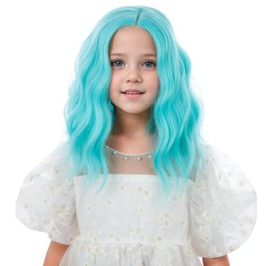 Imagem de WAVELNM Peruca infantil azul e verde para crianças, curta, azul celeste, bob, peruca solta, cacheada, ondulada, parte lateral infantil, perucas sintéticas para uso diário em festas de Halloween