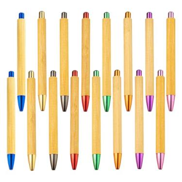 Imagem de SIPLIV 16 canetas esferográficas de bambu retráteis com tinta preta, canetas de bambu de madeira para escritórios escolares, multicoloridas