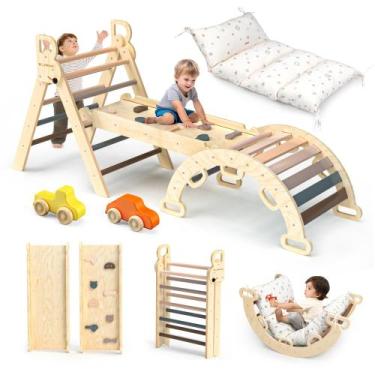 Imagem de Conjunto triangular Pikler BlueWood 9 em 1 com almofada para crianças