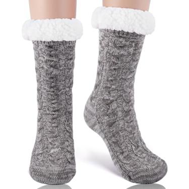 Imagem de HONGTEYA Pantufas femininas de Natal, meias felpudas de inverno, grossas e quentes, com aderência, forro de lã macio e aconchegante, presentes de Natal, Cinza misto, One Size