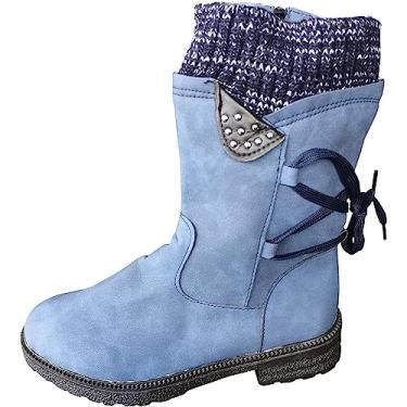Imagem de Botas femininas de cano curto com bico redondo para neve moda feminina com cadarço salto baixo botas curtas com zíper lateral botas quentes de camurça antiderrapante, Azul, 6.5