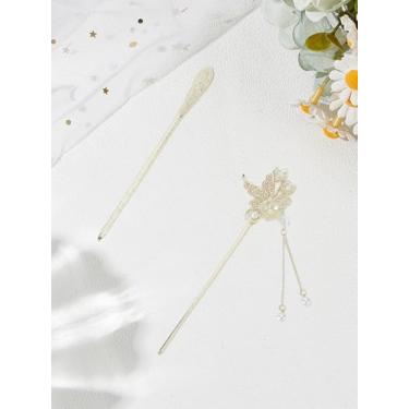 Imagem de 2 peças de 2 estilos de varas de cabelo de liga metálica, flor de metal dourado e garfos de cabelo em forma de borboleta com imitação de pérola, acessórios de bloqueio vintage para mulheres em festas