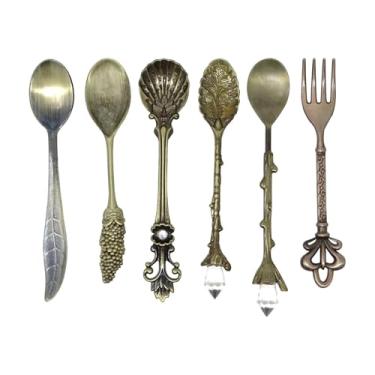 Imagem de 6 peças mini colher de café esculpida em bronze retrô estilo real colher de sorvete para chá de sobremesa criativa para festa e festival de reunião de chá da tarde